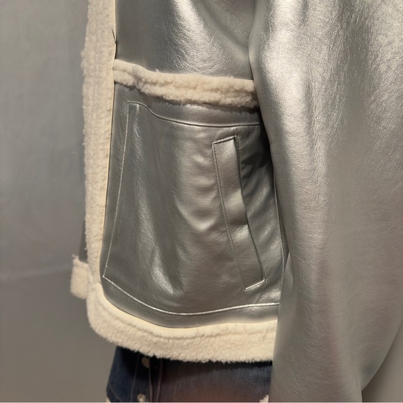 Silver Bomber Jacket Shearling Aviator Coat Steampunk Glam Rock Large - Picture 3 of 5